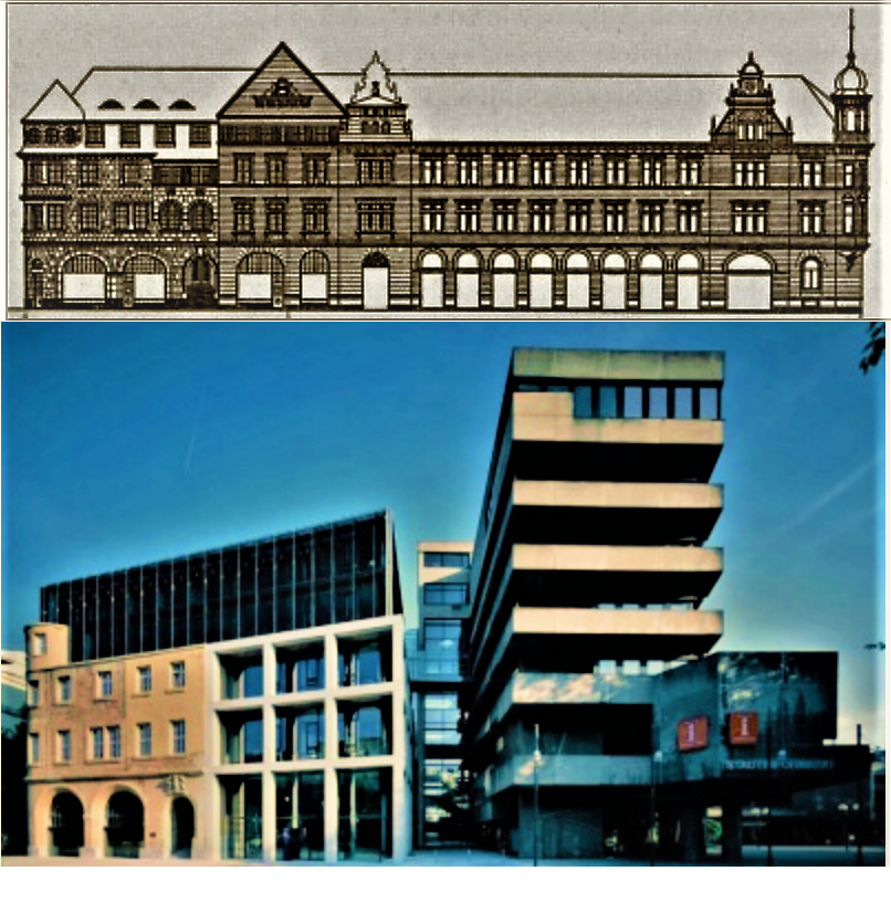 Datei:Pforzheim, Nordfassade vor 1945 (oben), Bau von Max Müller u. Alfred Roepert, 1911 (links) und Bau von Hermann Thüme und Alfons Kern, 1895 (rechts). Nordfassade heute, Altbau von 1911 (links) und Neubau von Rudolf Prenzel, 1973 (rechts).png