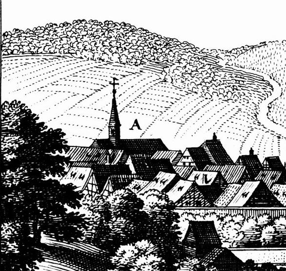 Heilig-Kreuz-Kirche, Zeichnung von Matthäus Merian dem Älteren, 1643.