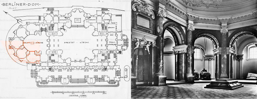 Datei:Gruft- und Denkmalskirche im Berliner Dom (West-Nordwest-Nord), Grabdenkmäler für Friedrich I. und Sophie Charlotte (links) und Grabdenkmal für den Kaiser Friedrich III. (rechts).png