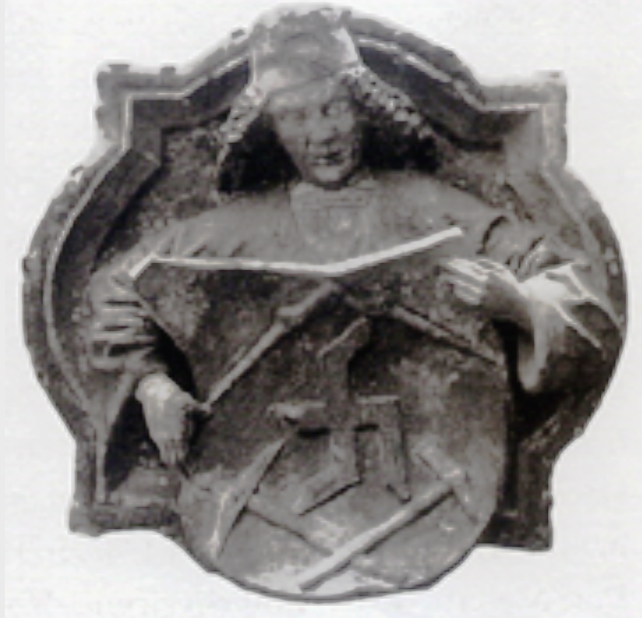 Datei:Pforzheim, Schloßkirche, Porträtrelief mit Handwerksinsignien von 1470 des Hans Spryß von Zaberfeld (1430-1490).png