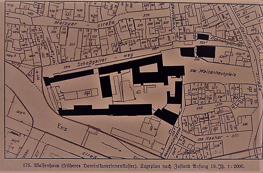 Datei:Lageplan, Neuer Turm oder auch Frauenturm in Pforzheim, östlich der Obermühle, an der Ecke, an der bis 1945 die Metzgerstraße in die Lammstraße mündete.jpg