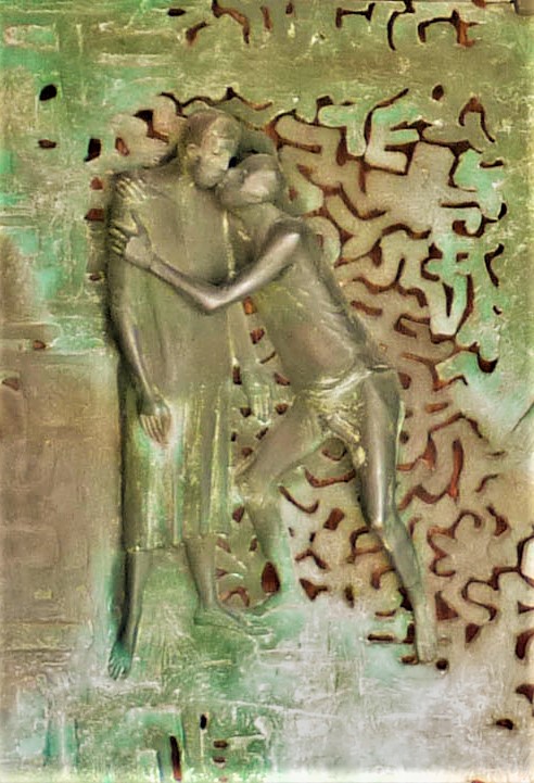 Datei:Jürgen Weber (geb. 14.1.1928 in Münster in Westfalen; gest. am 16. Juni 2007 am Pou d’es Lleó auf Ibiza), Relief an der Bronzetür der Pforzheimer Schloßkirche, 1959, Judaskuss.jpg