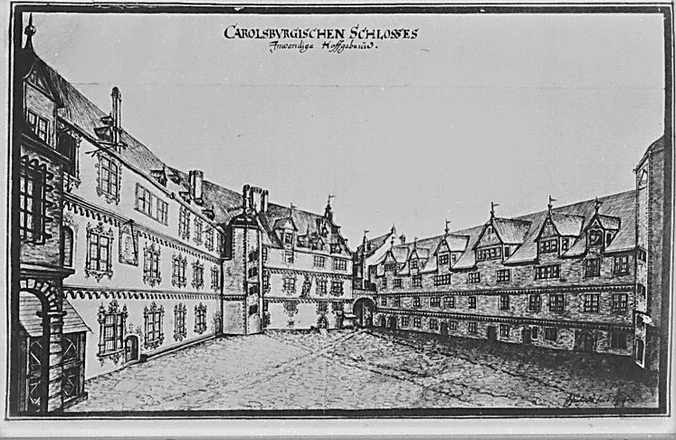 Datei:Johann Jakob ARHARDT (1613-1674), Innenhof der alten Karlsburg in Durlach.jpg