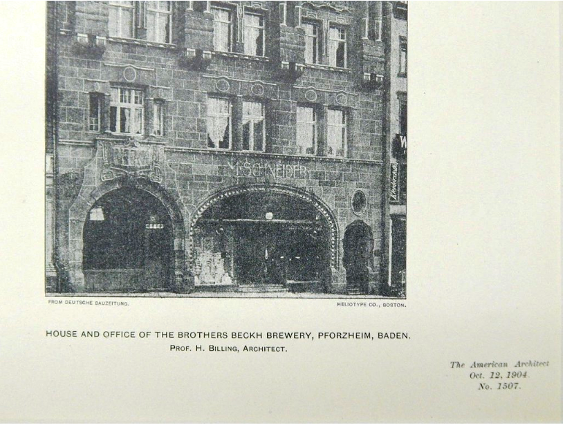 Datei:The American Architect and Building News (October 12, 1904), No. 1507 - House and Office of the Brothers Beckh Brewery in Pforzheim, Baden. Prof. H. Billing, Architect.png