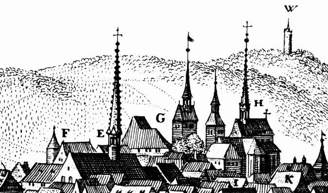 Datei:Pforzheim-1643-Merian, Ausschnitt mit der Neuen Kanzlei (1558-1744) und dem Neuen Pforzheimer Schloss (1537-1689).jpg