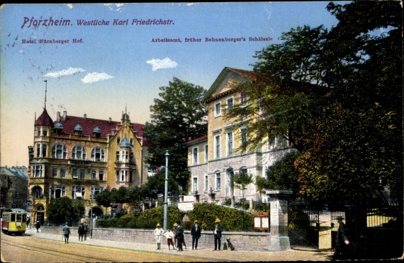 Datei:Pforzheim, Hotel Nürnberger Hof, Ispringer Straße Ecke Westliche Karl Friedrichstraße und das Arbeitsamt, früher Bohnenberger's Schlössle.jpg