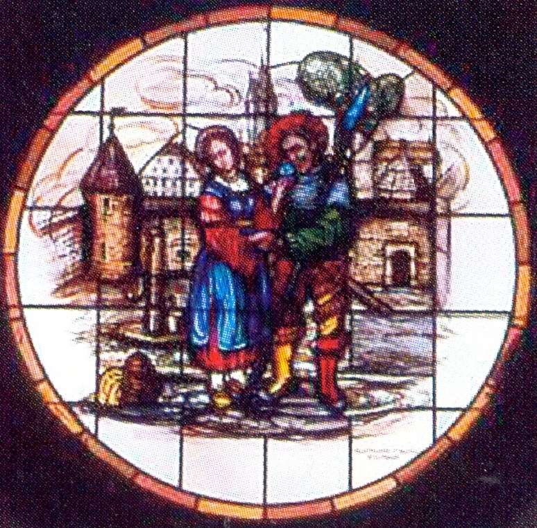 Datei:Ehem. Buckenberg- oder Burnol-Kaserne, Strietweg 70, Glasfarbfenster im Treppenhaus des Kantinengebäudes mit genrehaften, historischer Szene „Abschiedszene eines Paares“ von dem Glasmaler Emil Gaiser aus Stuttgart, 1936.jpg