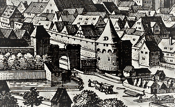 Datei:“Wasserturm” (D) der Brötzinger Vorstadt in Pforzheim, ein mächtiger Rundturm mit Kegeldach, Schießscharten und vorkragendem Obergeschoss.jpg