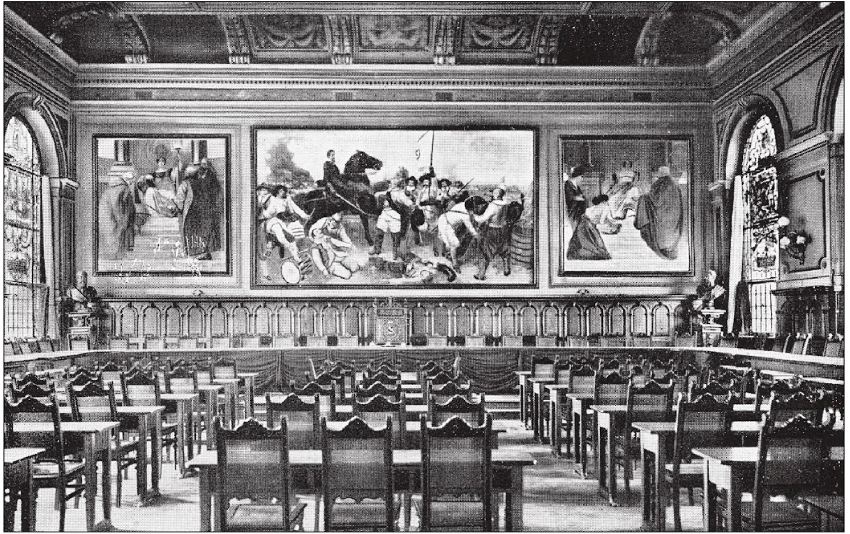 Datei:Sitzungssaal des Bürgerausschusses im Pforzheimer Rathaus um 1900, Entwurf Hermann Thüme aus Dresden und Stadtbaumeister Alfons Kern aus Pforzheim, erbaut in den Jahren 1892 bis 1895.png