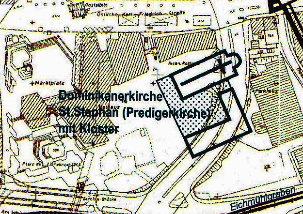 Datei:Pforzheimer Kirchen, Klöster, geistliche Ordenshäuser in der Vorreformationszeit, Ausschnitt Dominikaner („Prediger“) Kirche und -Kloster St. Stephanus.jpg