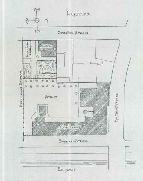 Datei:Pforzheim, Altes Reuchlin-Gymnasium, Simmlerstraße Ecke Goethestraße, Einweihung am 9.2.1905, Entwurf Bezirksbauinspektor Heinrich Henz, Lageplan.jpg