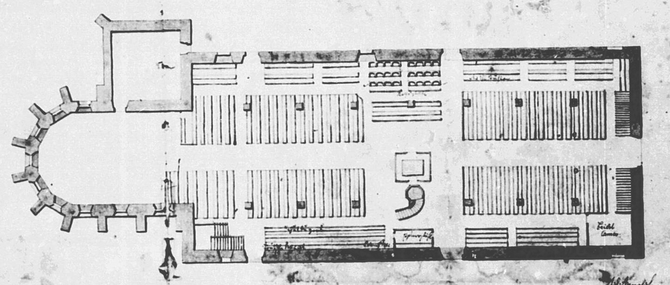 Datei:Johann Heinrich Arnold (geb. 18.12.1697 in Fürth; gest. 7.4.1770 in Karlsruhe), 1739, Grundriß der Pforzheimer Stadtkirche St. Stephan (ehemalige Pforzheimer Dominikanerklosterkirche Sankt Stephanus).png