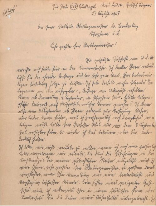 Datei:Brief von Fritz Roth (1878-1968) an Johann Peter Brandenburg (1905-1977) vom 27. August 1947 (1).jpg