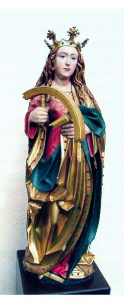 Datei:Pforzheim-Hohenwart, Hohlweg 1, Wallfahrtskirche Hl. Kreuz, spätgotische Skulptur der hl. Katharina des Vorgängeraltars, oberrheinische Werkstatt im Umfeld des „Meisters des Kreenheimstettener Altars“.jpg