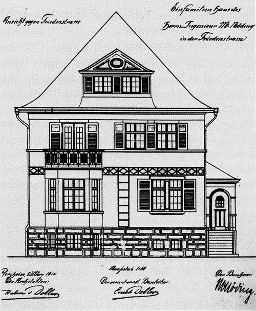 Datei:Haus für den Ingenieur Martin Nöding an der Friedensstraße 68, 70 in Pforzheim, Entwurf für Aufriß von Ernst Dobler (sen.) (1875-1966).jpg