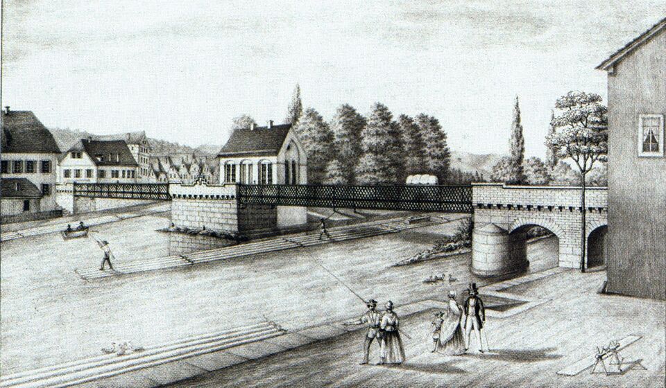 Datei:Die neue eiserne Gitterträgerbrücke am Lindenplatz, Entwurf des Bauingenieurs Julius Ernst Naeher (geb. 1.4.1824 in Pforzheim; gest. 18.2.1911 in Tolkewitz bei Dresden), 1851.jpg