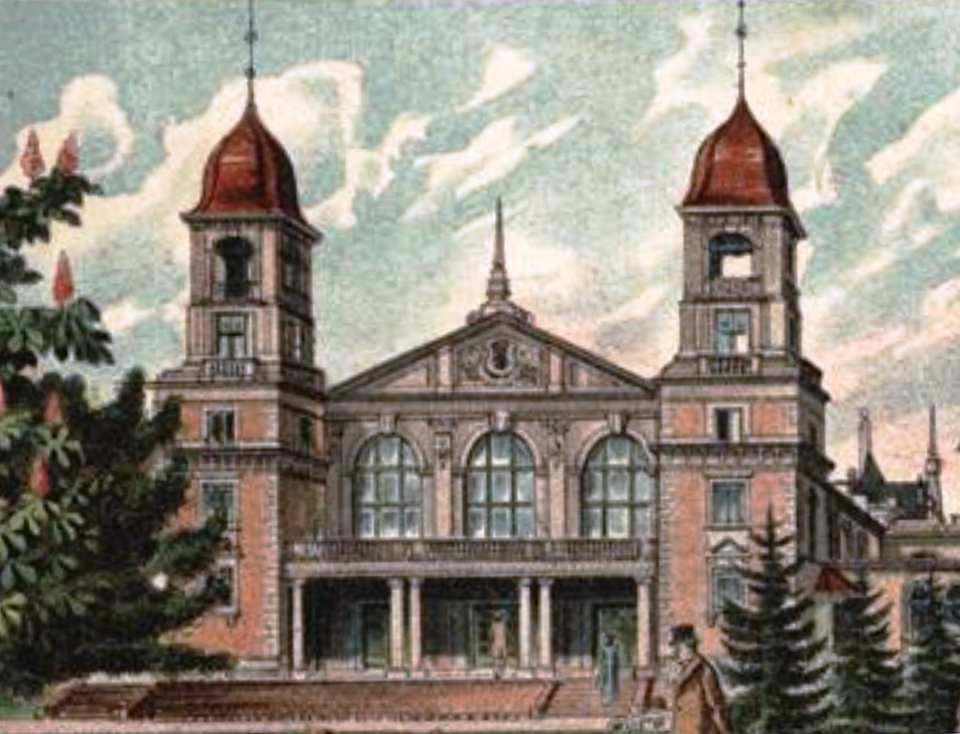 Datei:Pforzheim, Saalbau, Blick vom Stadtgarten, Entwurf Stadtbaumeister Alfons Kern, erbaut 1897-1900, eingeweiht am 20. Mai 1900, zerstört Heiligabend 1944 (Zeichnung).png