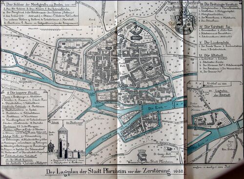 Lageplan der Stadt Pforzheim vor der Zerstörung 1688.