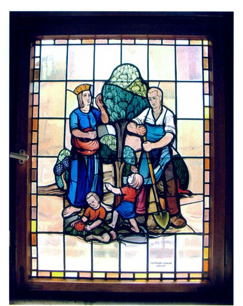 Datei:Pforzheim-Eutingen, Hauptstraße 93, Rathaus, Glasfensterbild im Trauzimmer der Glasmalerei E. Gaisser (Stuttgart), 1949-1950.jpg