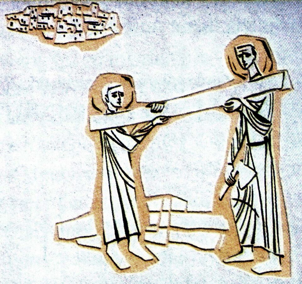 Datei:Pforzheim-Eutingen, Fritz-Neuert-Straße 39, St. Josef-Kirche, Wandbild über dem Kircheneingang von Josef de Ponte (5.10.1922-16.5.2006), 1960.jpg