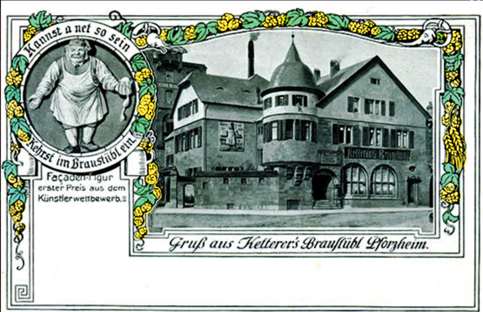 Datei:Ketterers Braustüble, Jahnstraße 10 in Pforzheim, Entwurf Hermann Walder (geb. 3. November 1847 in Karlsruhe; gest. 20. August 1921), erbaut 1910, Façaden-Figur erster Preis aus dem Künstlerwettbewerb.png