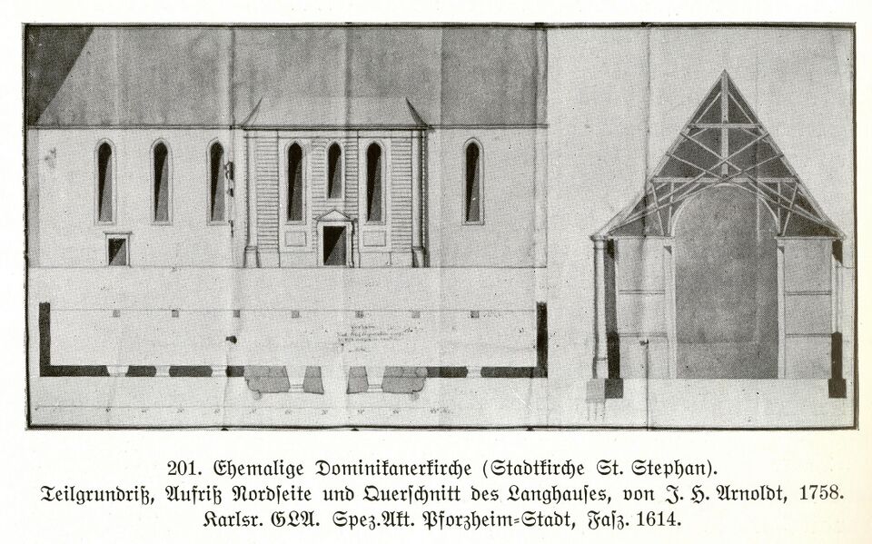 Datei:Johann Heinrich Arnold (geb. 18.12.1697 in Fürth; gest. 7.4.1770 in Karlsruhe), 1739, Teilgrundriß, Aufriß der Nordseite sowie Querschnitt des Langhauses der Pforzheimer Stadtkirche St. Stephan.jpg