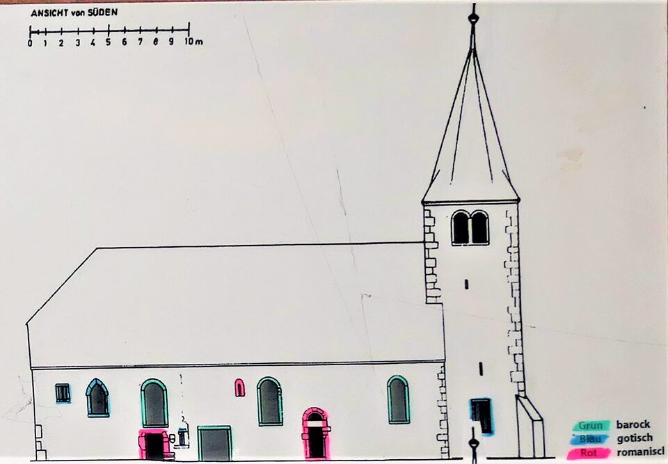Datei:Wallfahrtskirche Johannes der Täufer in Kämpfelbach-Bilfingen, Ansicht von Süden, Längsschnitt, Plan der Bauphasen, rot=romanisch, blau=gotisch, grün=barock.jpg