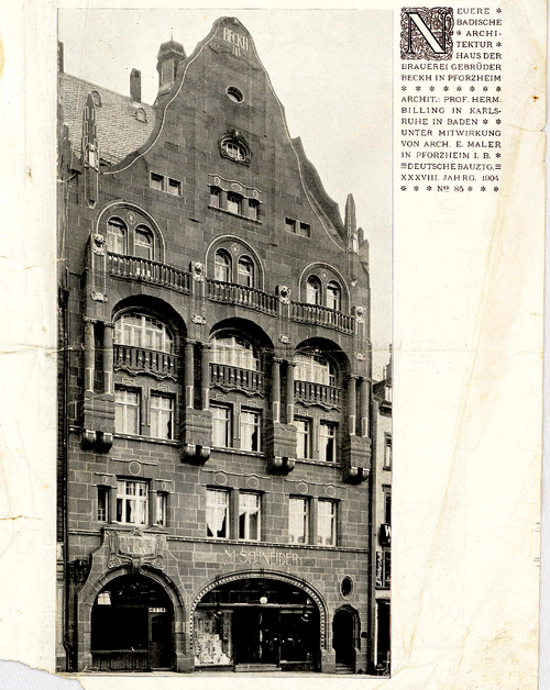 Datei:Deutsche Bauzeitung, Jahrgang 38, 22. Oktober 1904, Nr. 85 - Haus der Brauerei Gebrüder Beckh am Marktplatz 4 in Pforzheim, Entwurf Hermann Billing und E. Maler (1).png
