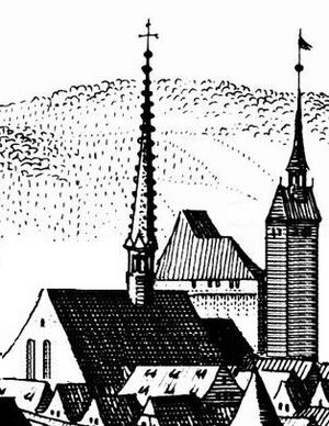 Franziskaner („Barfüßer“) Kirche mit Kloster, Neues Schloß und Bergfried vom Alten Schloß (v. l. n. r.), Pforzheim 1643.jpg