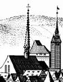 Franziskanerkirche, Neues Schloss und Bergfried vom Alten Schloss, Pforzheim 1643