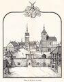 Unteres Schloßtor, Oberes Schloßtor, Bergfrit, der Speicherbau anstelle des 1689 abgebrannten Neuen Schloßes, das alte Schloß, Schloßkirche, Schildmauer, Wappenstein, 1853, Zeichnung von Julius Ernst Naeher (1824-1911)