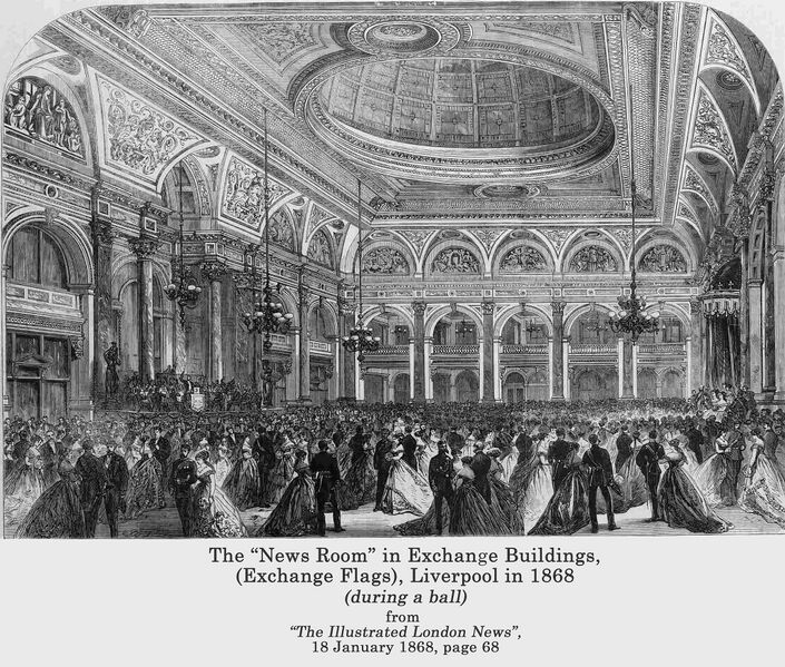Datei:The Illustrated London News , 18 January 1868, page 68, The News Room , Exchange Buildings Liverpool in 1868 during a ball (a).jpg