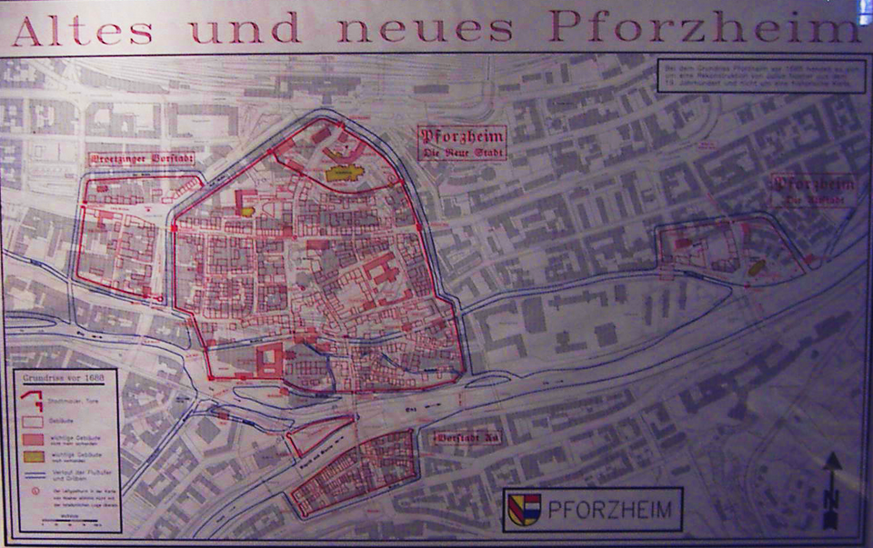 Datei:Altes und Neues Pforzheim, Stadtplan von Pforzheim mit eingezeichnetem alten Stadtkern im Stadtmuseum.png