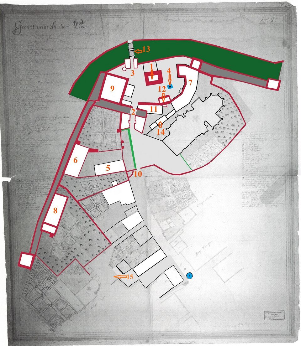 Datei:Lageplan vom ehemaligen Schloß der Markgrafen von Baden samt Schloßkirche und Schloßberg in Pforzheim.jpg