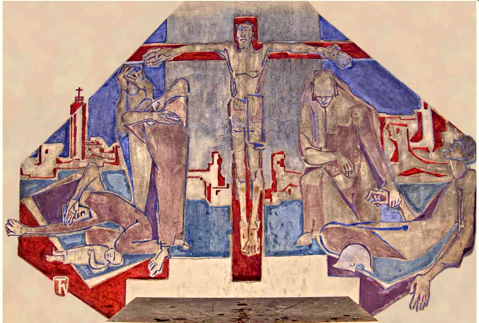 Datei:Eugénie Trösch-Hettich (geb. 1928 in Pforzheim), Wandbild „Christus über den Ruinen“, 1954.png