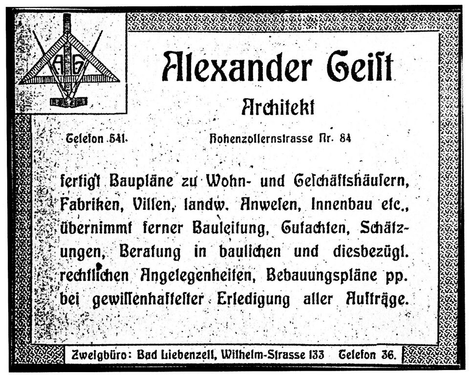 Datei:Alexander Geist junior, geb. 8. Juni 1884 in Karlsruhe, Architekturbüros an der Hohenzollernstraße 87 in Pforzheim und Wilhelmstraße 133 in Bad Liebenzell.jpg