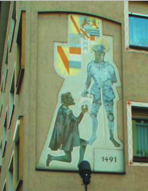 Datei:Haus Christophallee 11 in Pforzheim mit Wandbild („Frei-Ordnung“ des Markgrafen Christoph I. von 1491), Ausschnitt.png