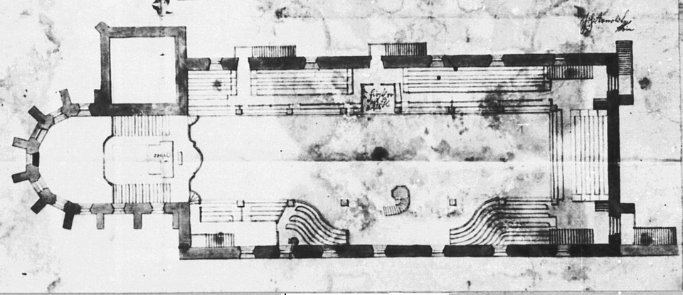 Datei:Johann Heinrich Arnold (geb. 18.12.1697 in Fürth; gest. 7.4.1770 in Karlsruhe), 1739, Grundriß der Orgelempore der Pforzheimer Stadtkirche St. Stephan (ehemalige Pforzheimer Dominikanerklosterkirche Sankt Stephanus).png