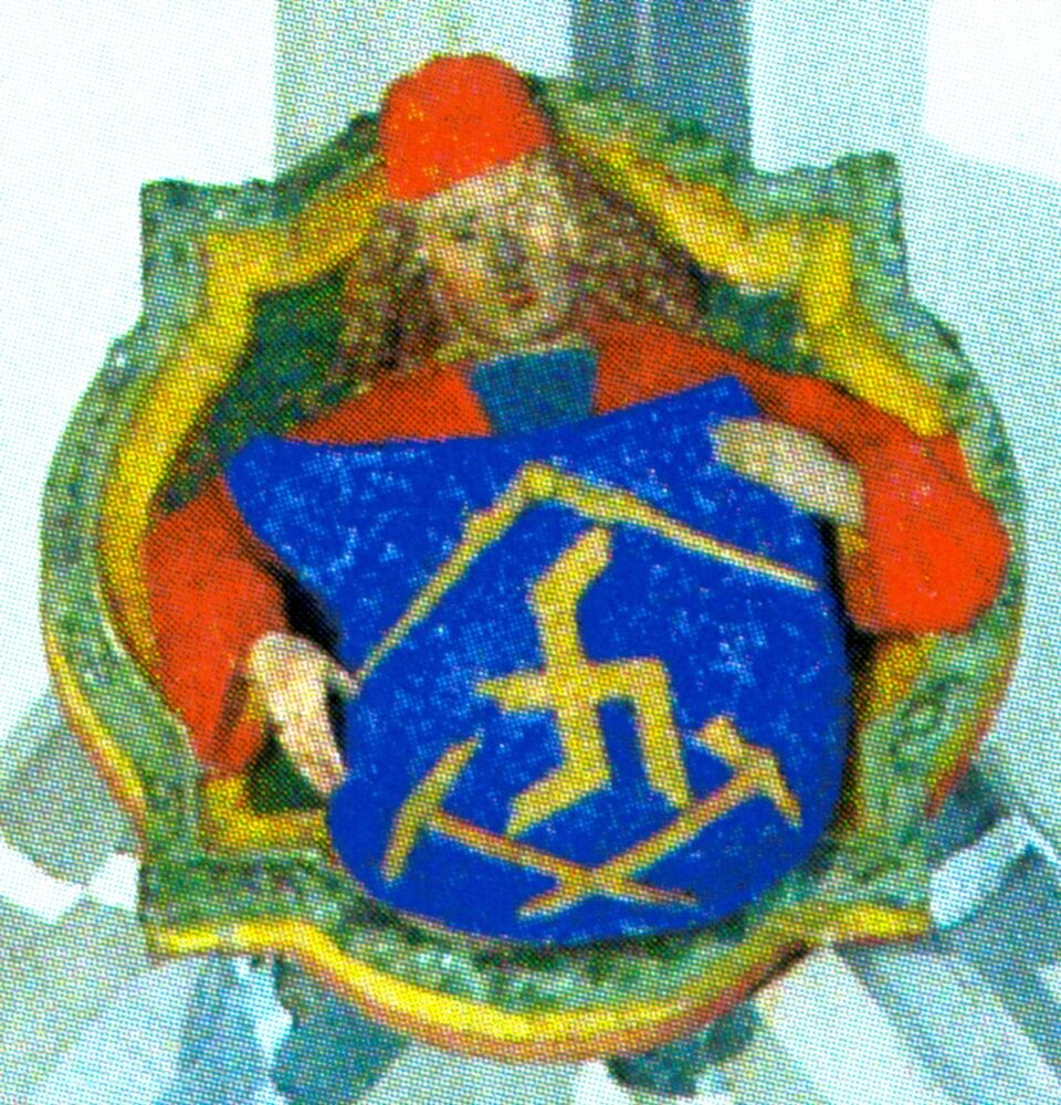 Datei:Pforzheim, Schloßkirche, Porträtrelief mit Handwerksinsignien von 1470 des Hans Spryß von Zaberfeld (1430-1490).jpg