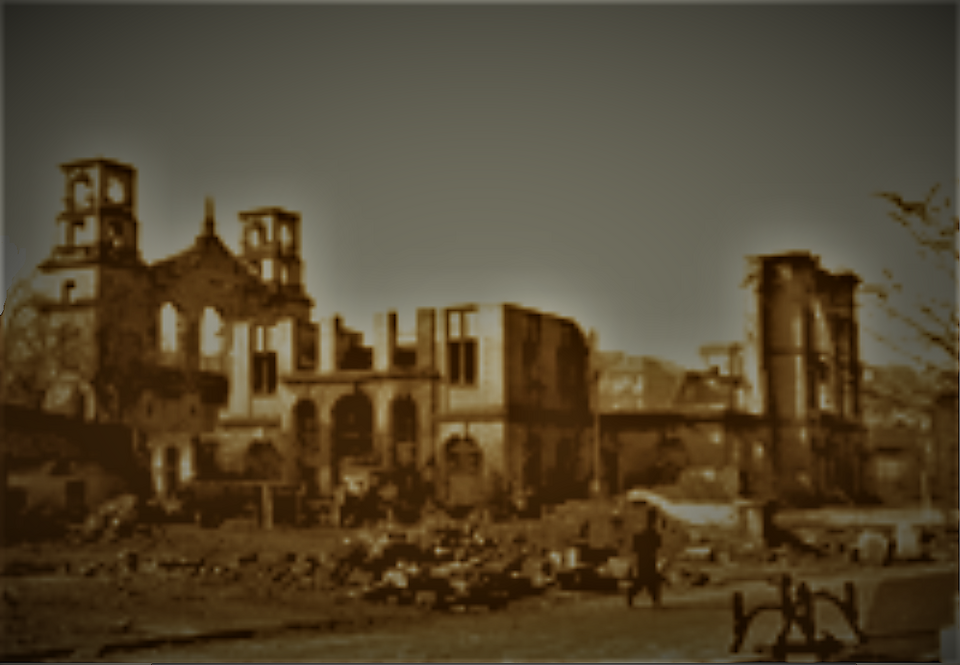 Datei:Ruine des Alten Saalbaus an der Jahnstraße 42 in Pforzheim, Entwurf Stadtbaumeister Alfons Kern, erbaut 1897–1900, zerstört Heiligabend 1944 .png