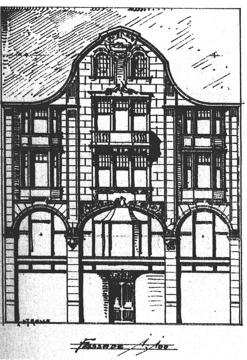 Datei:Geschäftshaus des Theodor J. Denzle (geb. 20.6.1874; gest. 23.2.1945 in Pforzheim) an der Metzgerstraße 14, Fassadenplan von H. Bühling, Juli 1908.jpg