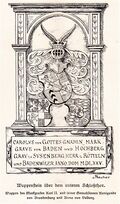 Pforzheim, Unteres Schloßtor, Wappenstein von 1575, Markgraf Karl II. von Baden-Durlach (Zeichnung).