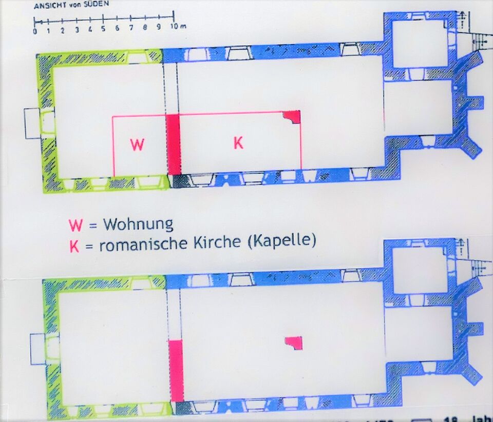 Datei:Wallfahrtskirche Johannes der Täufer in Kämpfelbach-Bilfingen, Grundriß, Plan der Bauphasen, rot=romanisch, blau=gotisch, grün=barock.jpg