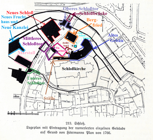 Pforzheim, Schloßberg, Bergfried (1225-1763), Mittleres Schloßtor (1225-1768), Oberes Schloßtor (1225-1837), Alter Schloßbrunnen (1225-1763), Neues Fruchthaus (1445-1841), Altes Gebäu (1445-1841), Ehemaliger Marstall (1445-1841), Ställe (1758-1841), Neue Kanzlei (1558-1744), Neues Schloß (1537-1689), Unteres Schloßtor (1537-1861), 2003 rekonstruierte Einnehmerei (1699-1960), Archivbau (ab 1560), Alter Schloßbrunnen,Schloßbrücken (1698-1837), von Michael Hörrmann 1766.