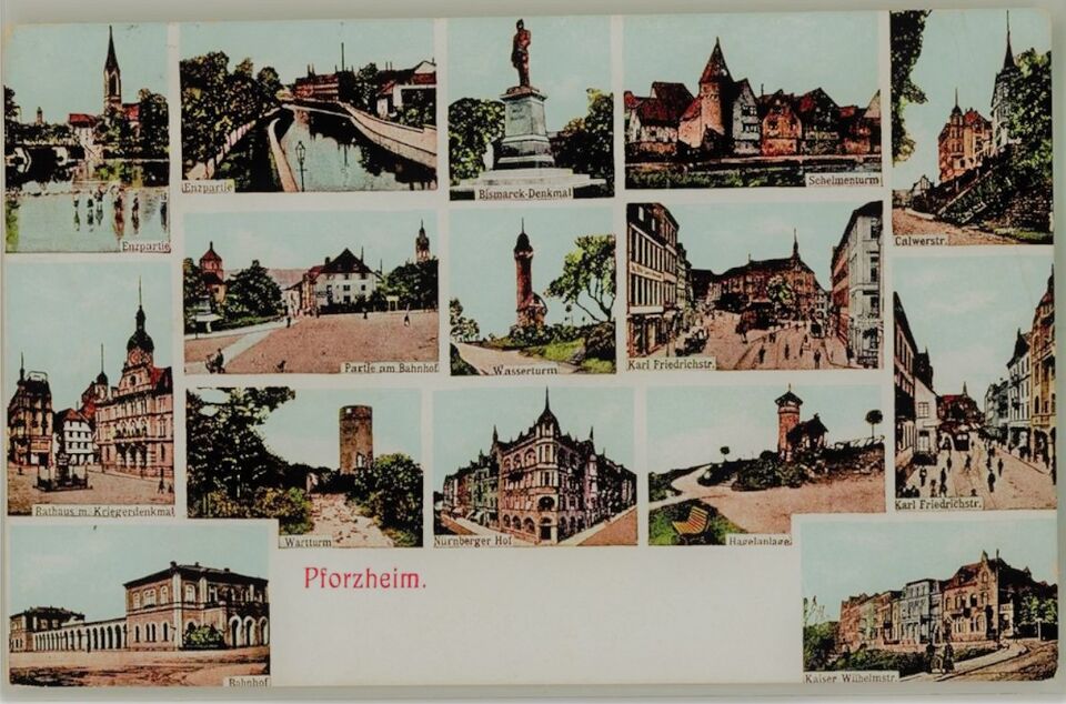 Datei:Historische Ansichtskarte Pforzheim, Nürnberger Hof, Calwer Str., Karl Friedrichstr., Kaiser Wilhelmstr., Hbf.jpg
