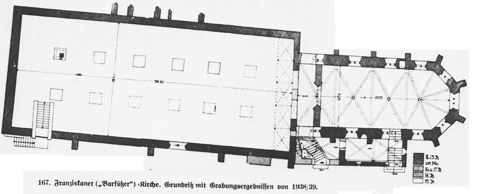Datei:Pforzheim, Franziskaner („Barfüßer“)-Kirche. Grundriß mit Grabungsergebnissen von 1938 und 1939.png