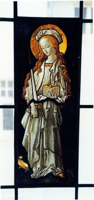 Datei:Fritz Geiges (1853-1935), Glasbildfenster der Hl. Katharina aus der Villa Winter, Friedensstraße 57 in Pforzheim, um 1920.jpg
