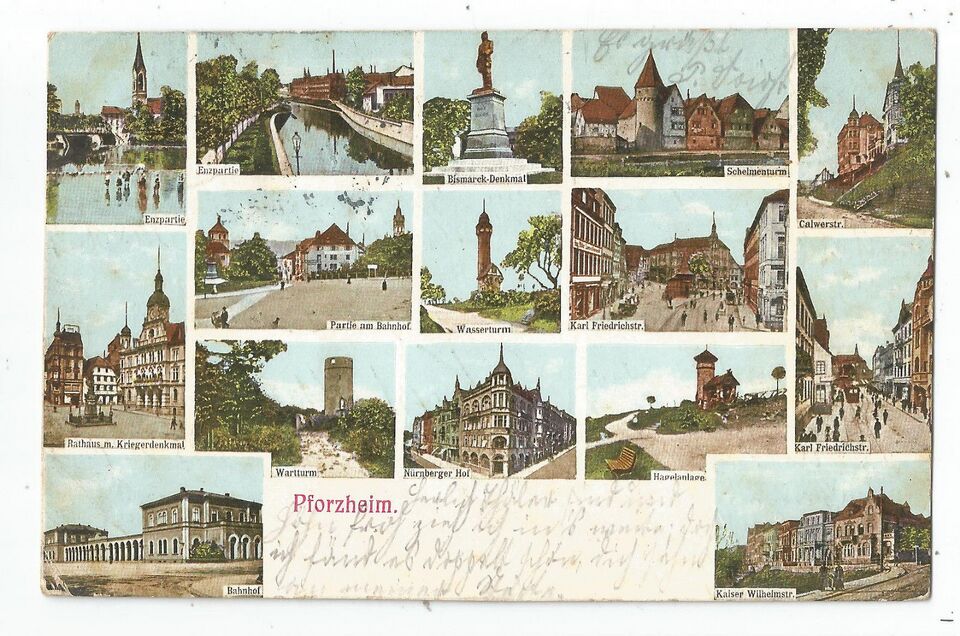Datei:Pforzheim, Nürnberger Hof, Kaiser Wilhelmstraße, Karl Friedrichstraße, Calwerstraße, Bahnhof, Rathaus (in Farbe).jpg