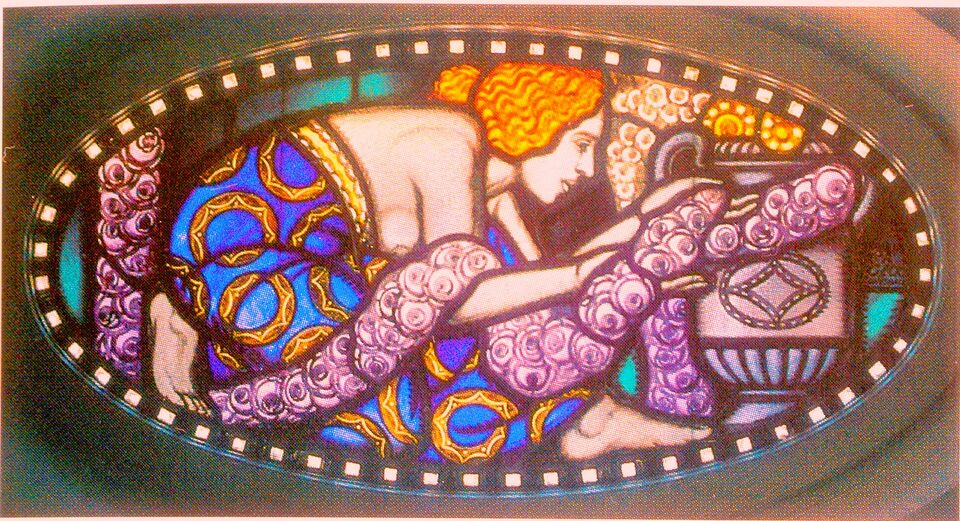 Datei:Ehem. Villa Knoll, Friedensstraße 62, Jugendstil-Glasfarbfenster mit Frauenmotiv von den Glasmalern Gebrüdern Karl und Alfred Geck aus Wiesbaden, 1914.jpg