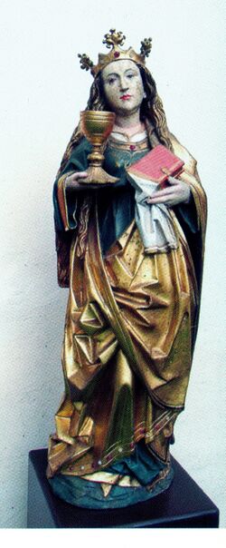 Datei:Pforzheim-Hohenwart, Hohlweg 1, Wallfahrtskirche Hl. Kreuz, spätgotische Skulptur der hl. Barbara des Vorgängeraltars, oberrheinische Werkstatt im Umfeld des „Meisters des Kreenheimstettener Altars“.jpg
